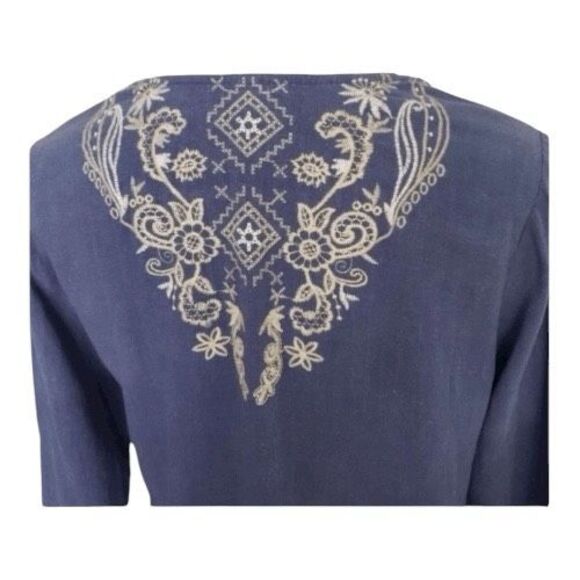 Short Open Front Cardigan Size S Blue Floral Embroidered 100% Linen 3/4-Sleeve - Picture 8 of 11